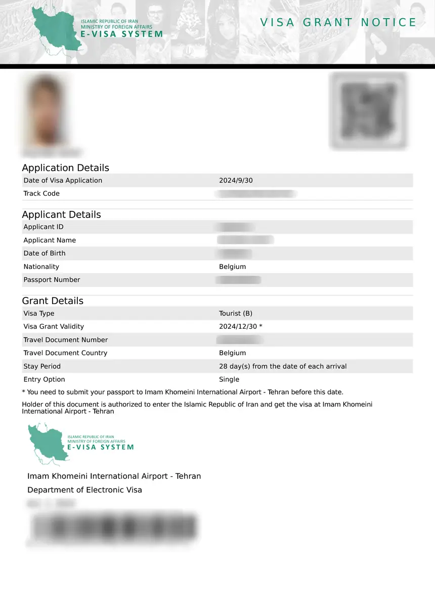 Iran eVisa – sample document
